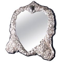 Oversized Antique Heart Repoussé Sterling Silver Vanity Mirror, 20th Century
