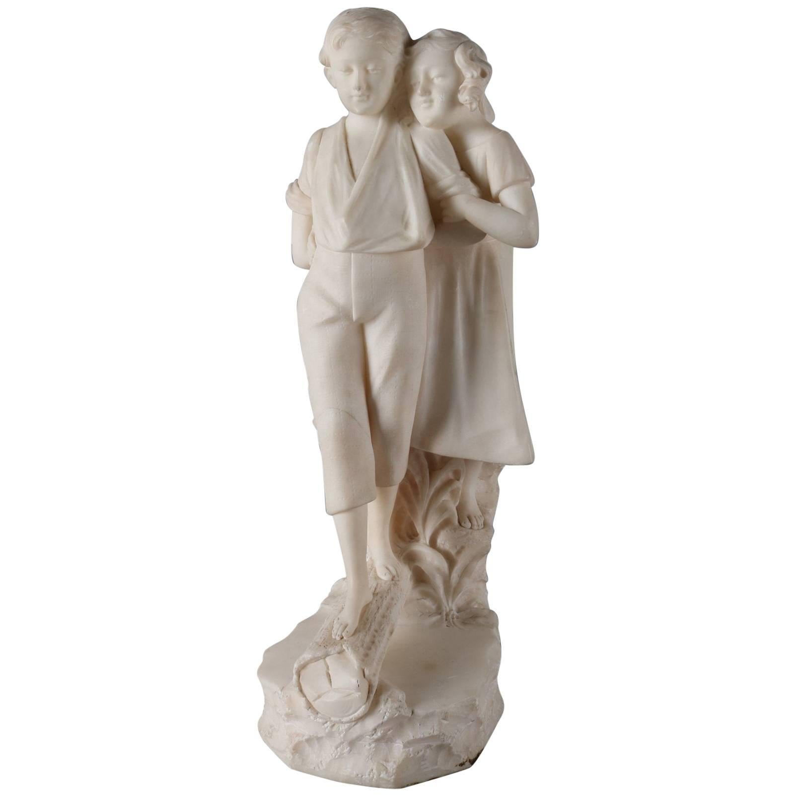 Antique Figural Carved Alabaster Sculpture of Courting Couple, 20th Century