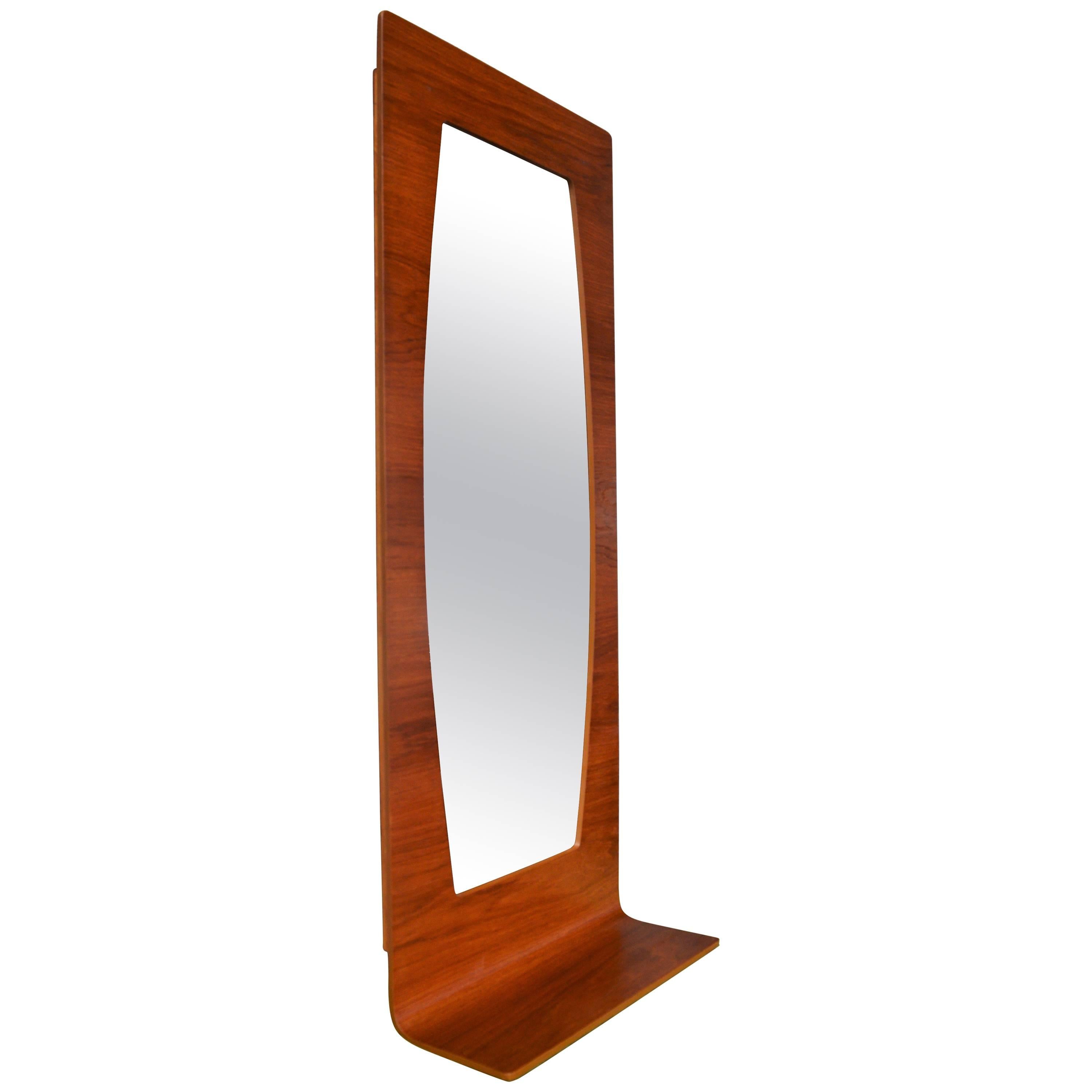 Large Danish Modern Teak Bent Ply Entry Mirror with Shelf