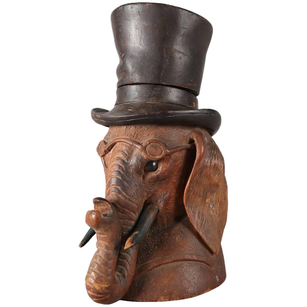 Antique German Black Forest Hand-Carved Top Hat Elephant Inkwell, 19th Century