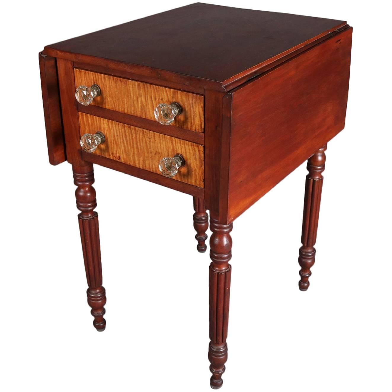 Antique Sheraton Tiger Maple and Cherry Two-Drawer Drop Leaf Stand, 19th Century