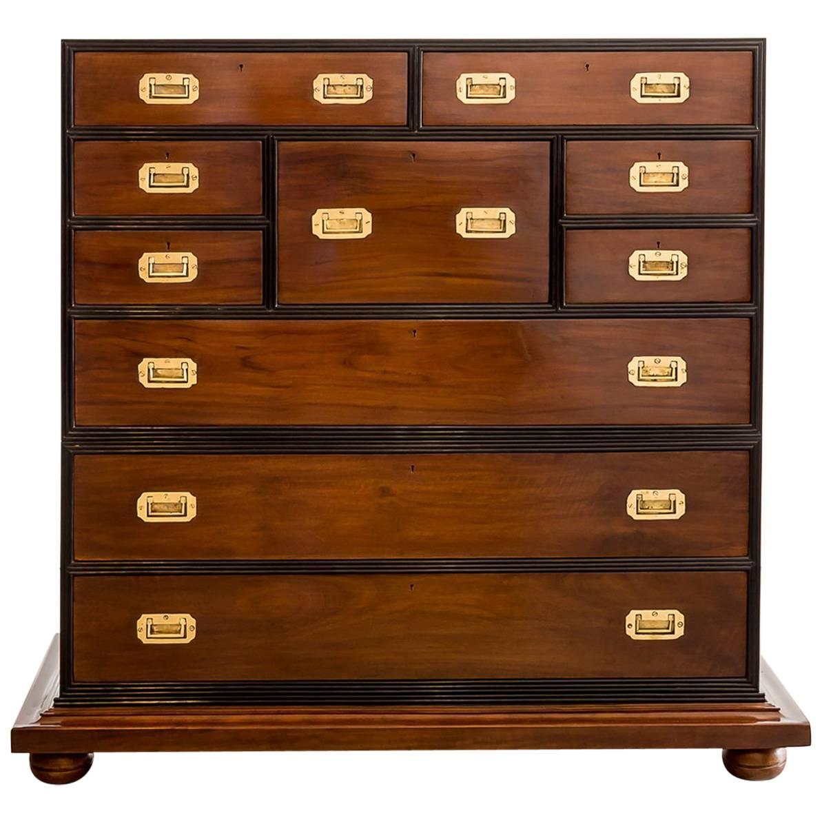 Anglo-Indian or British Colonial Camphor and Ebony Campaign Chest of Drawers For Sale