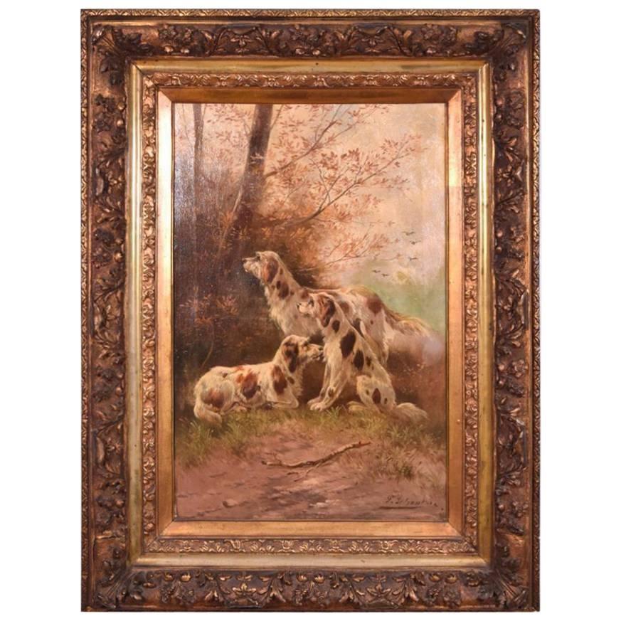Antique Oil on Canvas Painting of Three Hunting Dogs by Paul Schouten For Sale