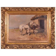 Antique Oil on Canvas Painting of Draft Horses by Henry Schouten