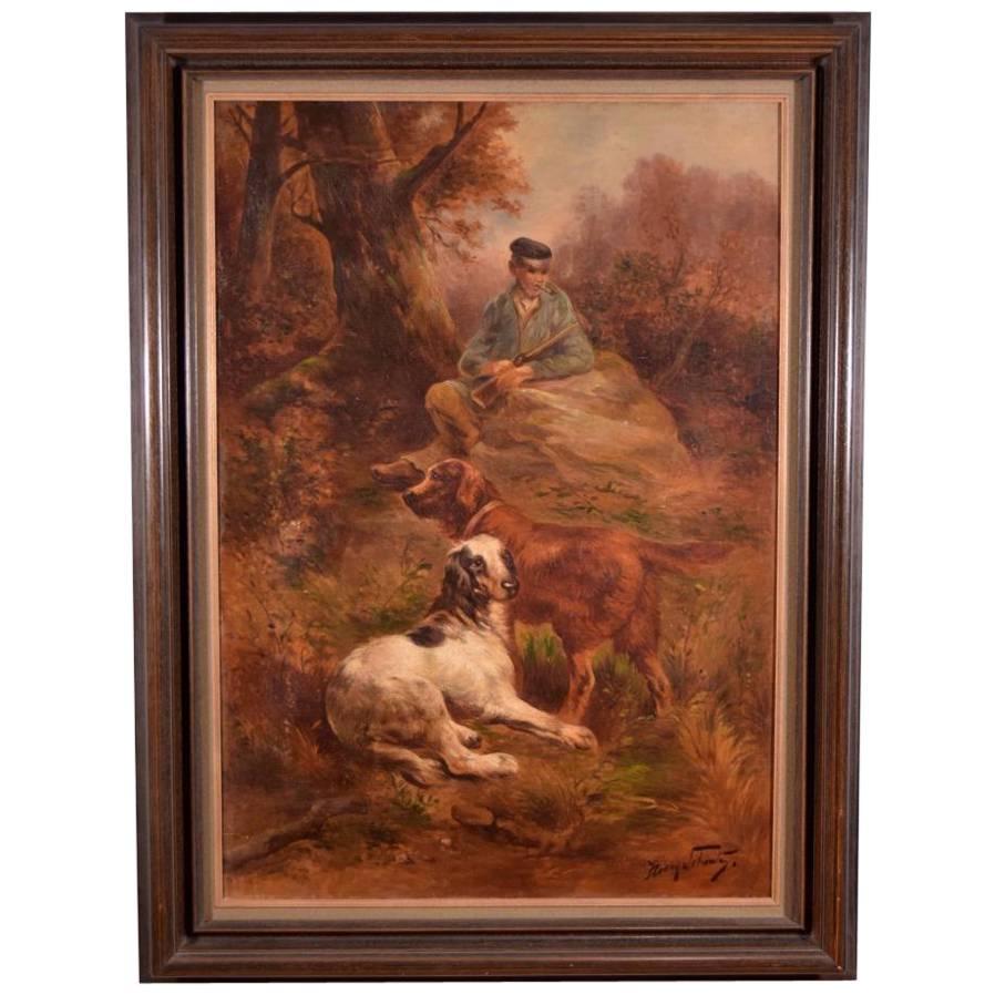 Antique Oil on Canvas Painting of Hunter and Dogs by Henry Schouten For Sale