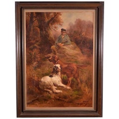 Antique Oil on Canvas Painting of Hunter and Dogs by Henry Schouten