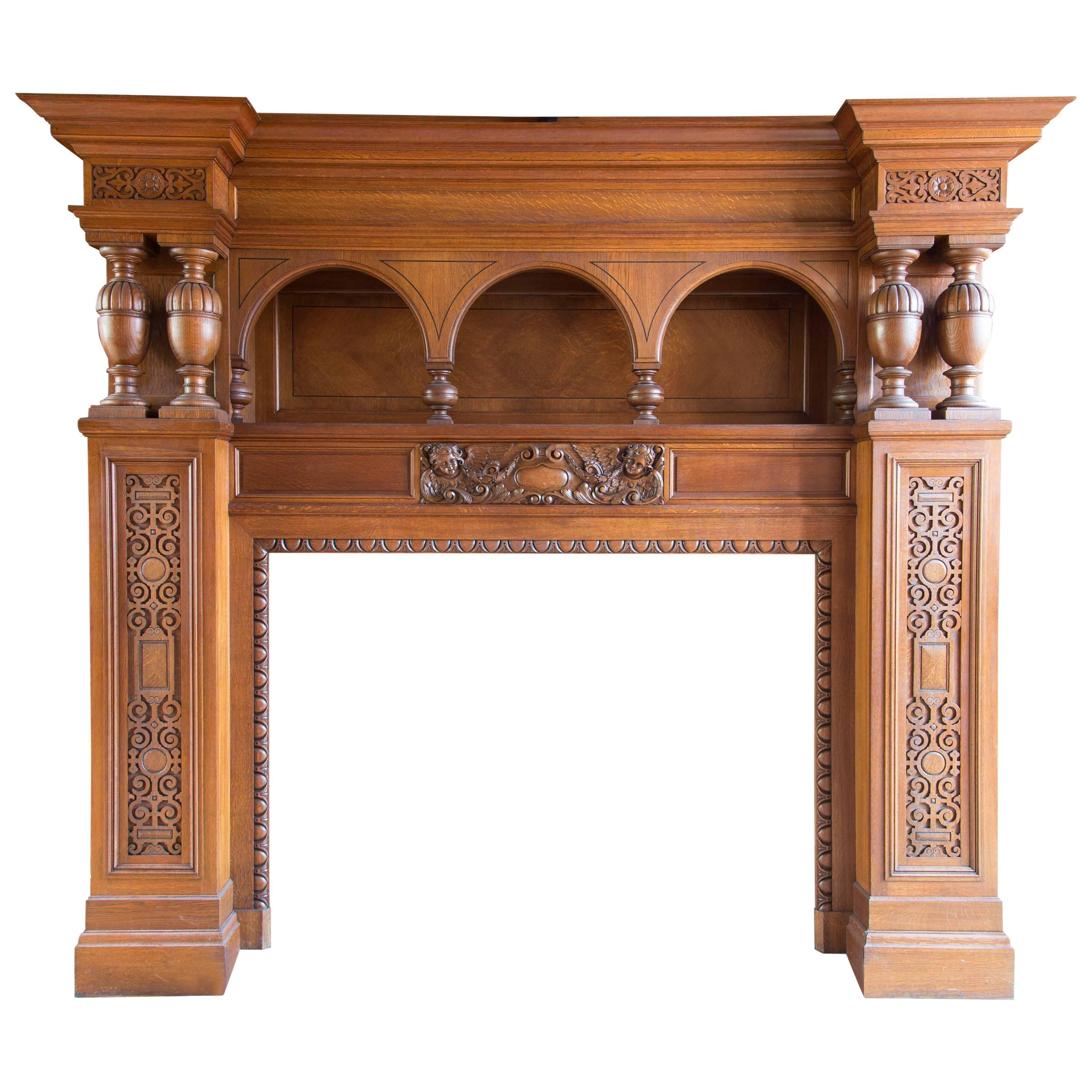 Tall Massive Antique Oak Neoclassical Fireplace Surround/Mantel For Sale