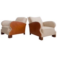 Pair of Art Deco Style Wool and Leather Upholstered Armchairs, circa 1930