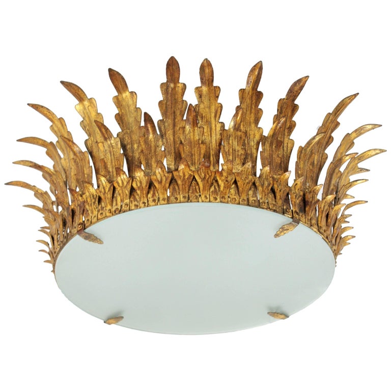 Large Gilt Iron And Glass Sunburst Crown Light Fixture Or Chandelier Large Gilt Iron Glass Sunburst Crown Light Fixture Or Chandelier Spain 1940s For