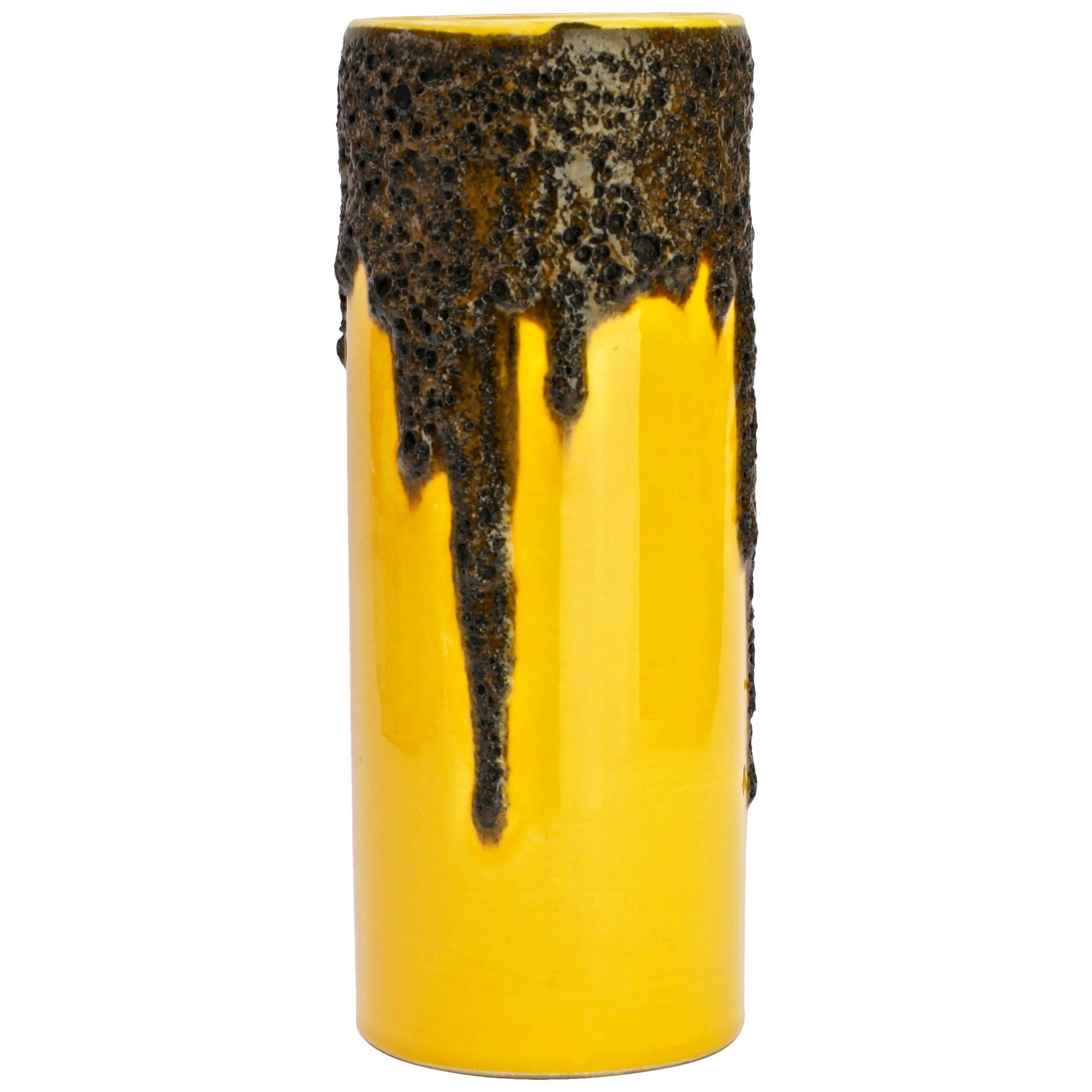 1970s Bright Yellow West German Pottery Fohr Vase with Black Lava Glaze