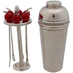Vintage Mini Silver Plated Cocktail Shaker with Bakelite Cherry Picks by PH Vogel & Co.