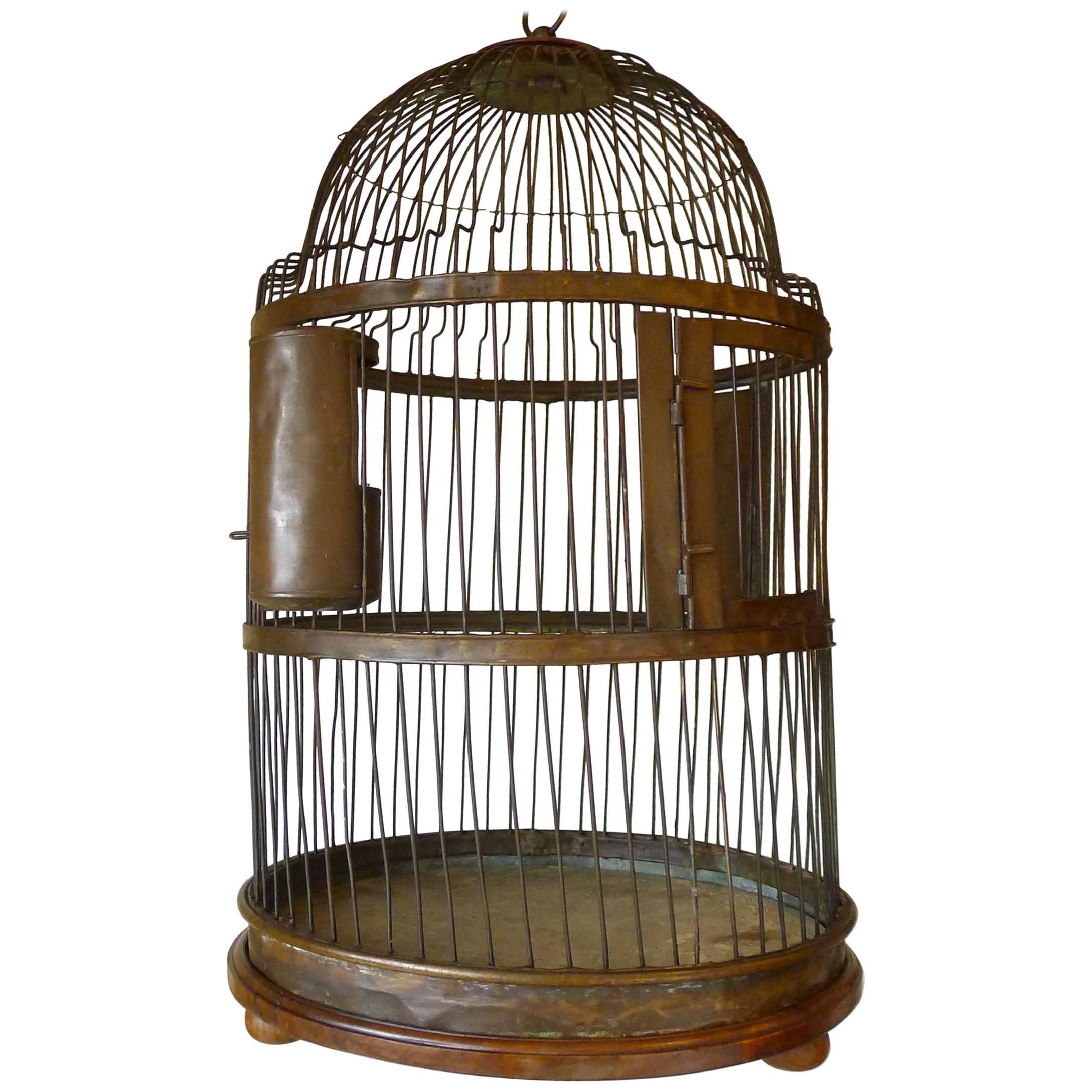 Large Brass and Walnut Bird Cage, 19th Century For Sale