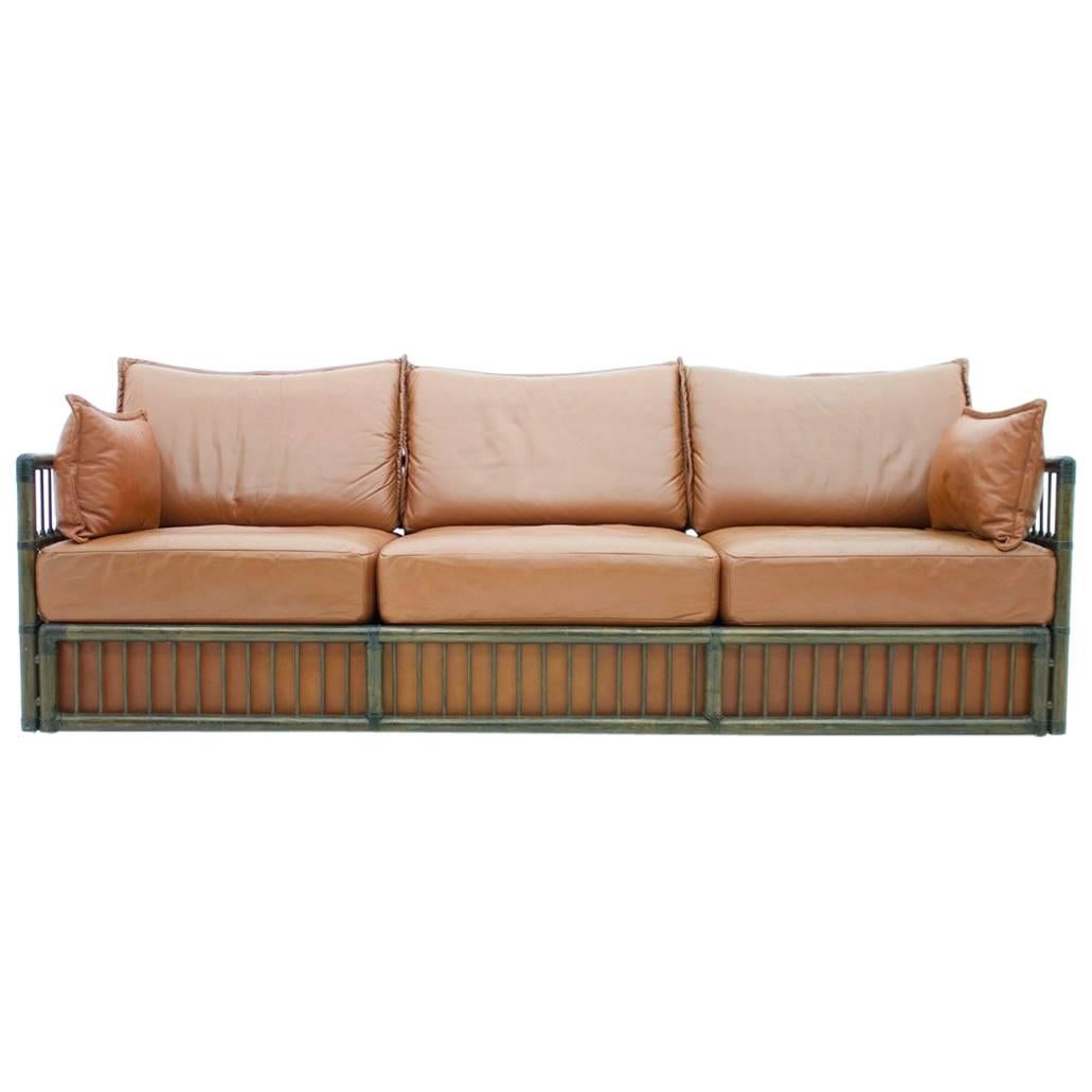 Three Person Leather Sofa with Rattan 1978 For Sale