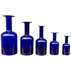 Vintage Set of Five Blue Glass 'Gulvase' by Otto Bauer Fro Holmegaard