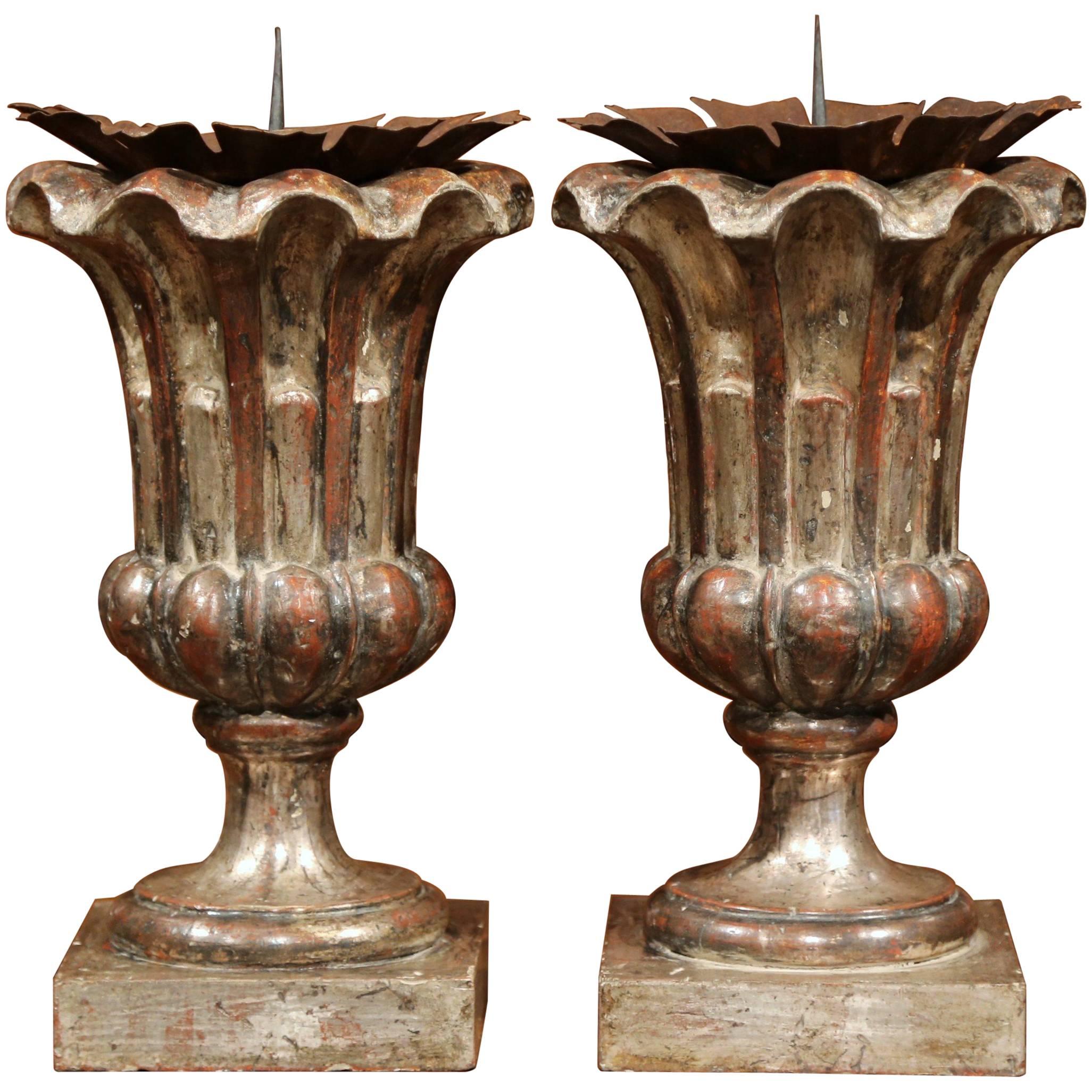 Pair of Italian Hand-Carved Silver Leaf Pricket Candlesticks with Metal Bobeches