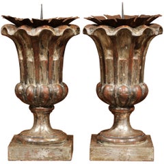 Pair of Italian Hand-Carved Silver Leaf Pricket Candlesticks with Metal Bobeches