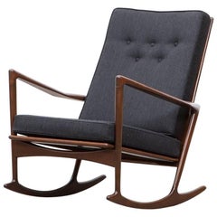1960s Brown Walnut Frame and Upholstery Seat Rocking Chair by Ib Kofod-Larsen