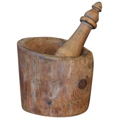 Antique Carved and Turned Boxwood Wooden Mortar and Pestle, France, Early 19th Century