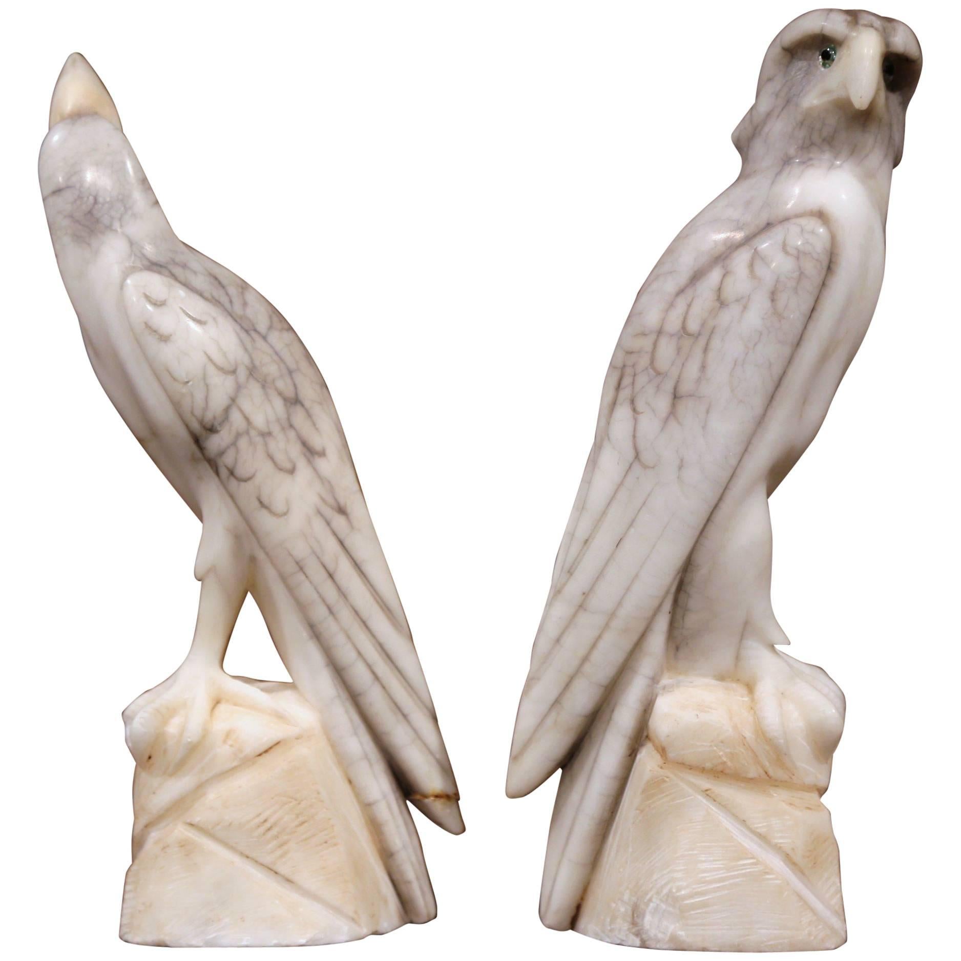 Pair of 19th Century French Carved Marble Eagle and Falcon with Glass Eyes