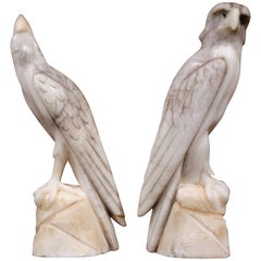 Antique Pair of 19th Century French Carved Marble Eagle and Falcon with Glass Eyes