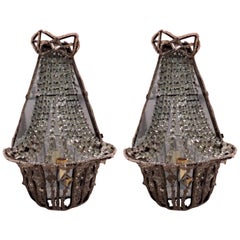 Wonderful Pair of French Beaded Basket Bow Top Mirror Back Wall Sconces Fixtures