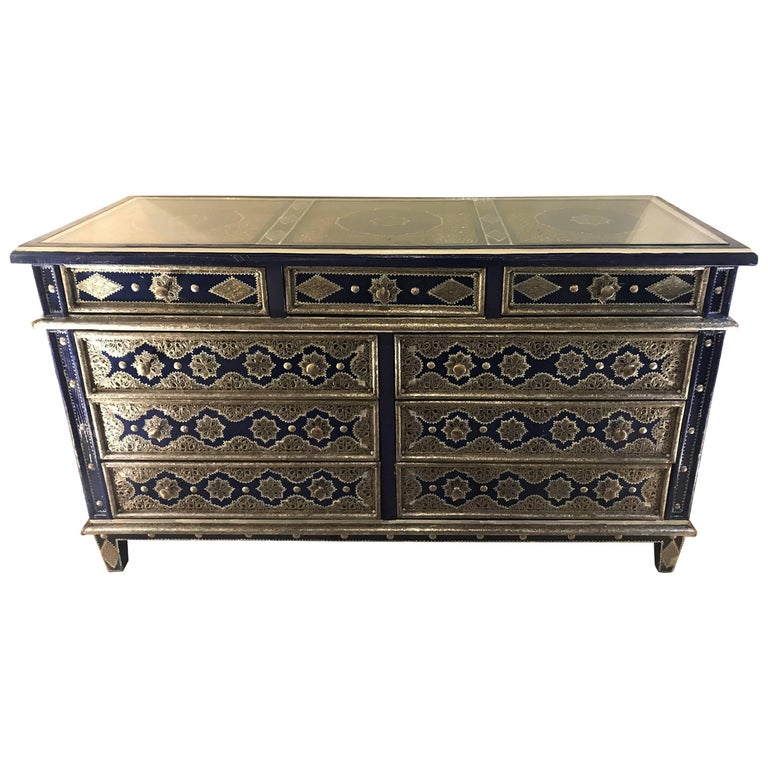 Handmade Moroccan Blue Chest Silver Metal And Copper Inlaid For