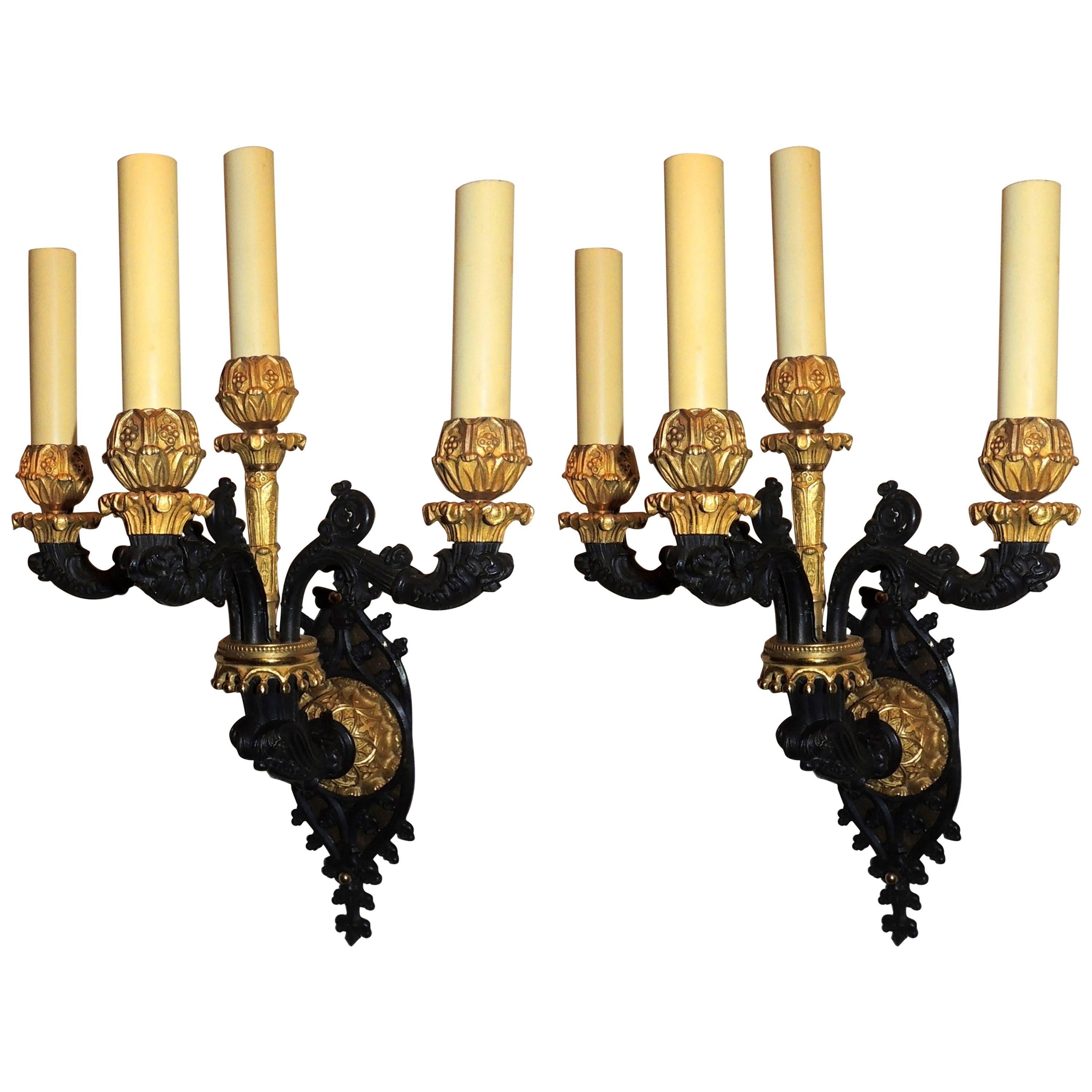 Pair of French Empire Neoclassical Regency Gilt Bronze Patinated Sconces