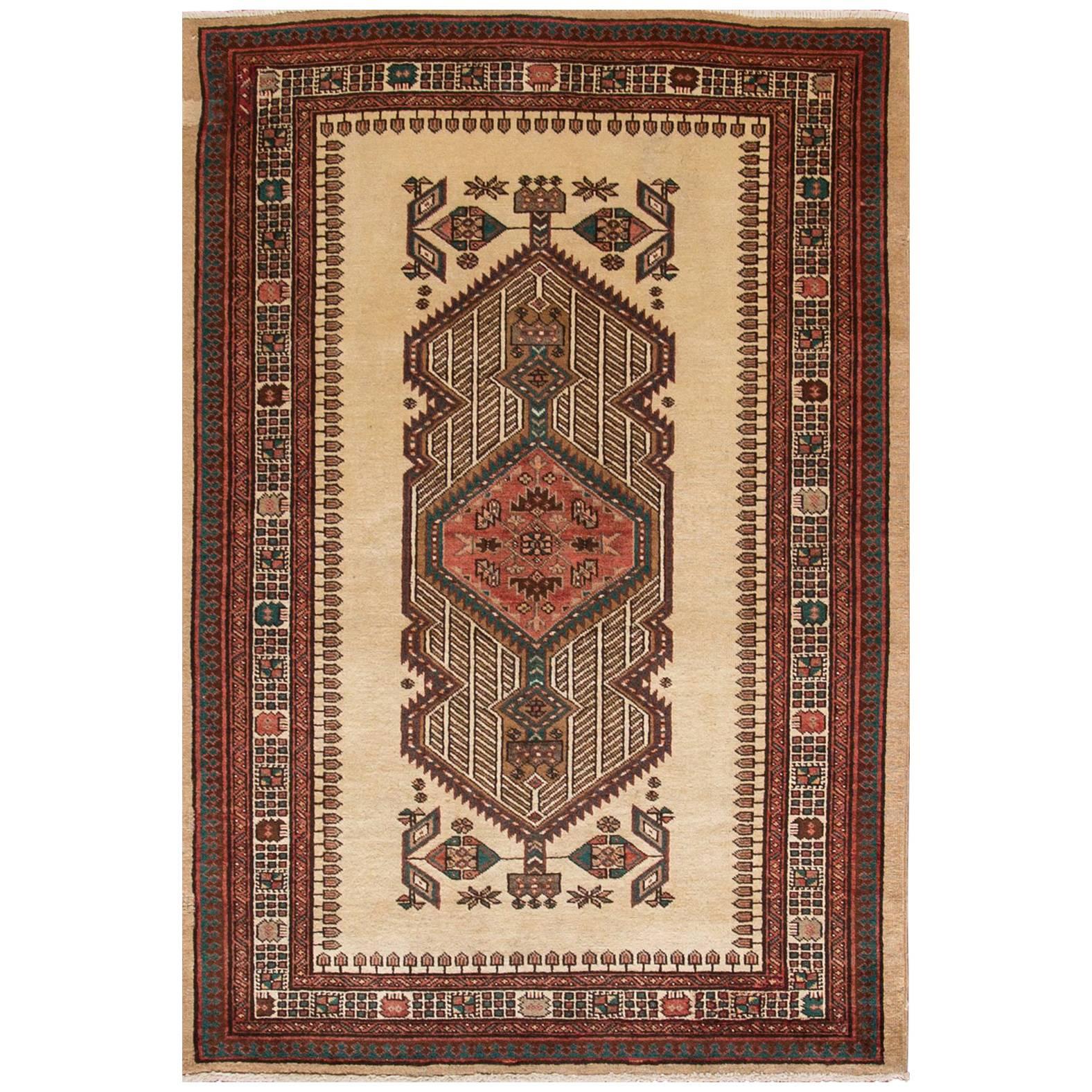 Vintage 1940s Tan, Rust Persian Bakhtiari Carpet