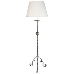 Vintage French Iron Floor Lamp with Aged Silver Finish