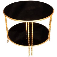 Vintage Elegant Gilt Bronze Leaf Maison Bagues Guerin Two-Tier Smoke Mirrored Side Table