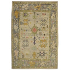 Contemporary Turkish Oushak Rug with Pastel Colors and Tribal Boho Chic Style