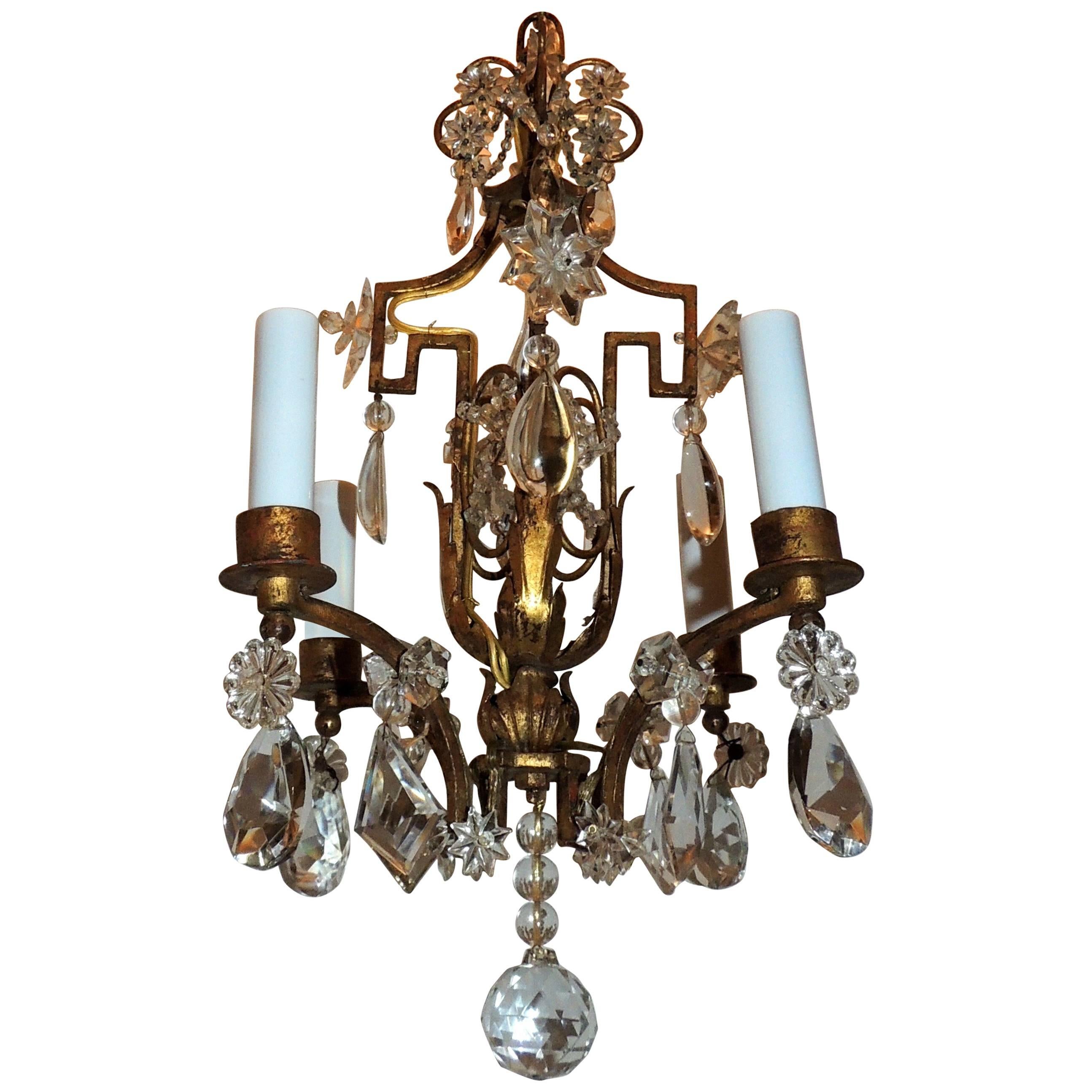Wonderful Bagues French Gilt Crystal Beaded Petite Chandelier Four-Light Fixture