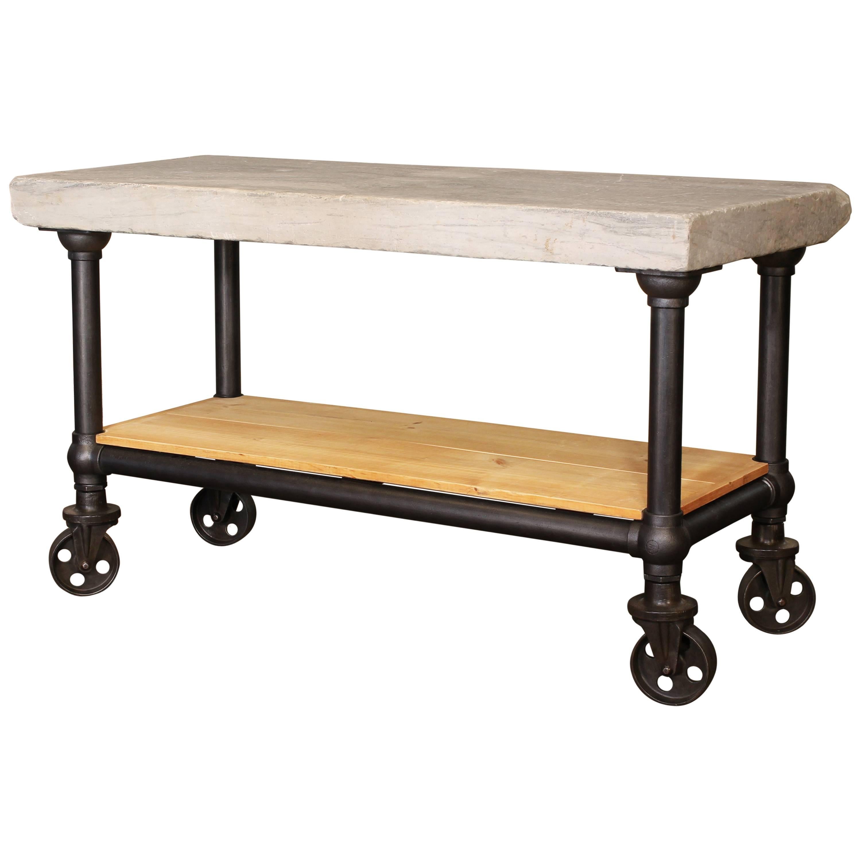 Industrial Marble Slab Kitchen Island Rolling Table