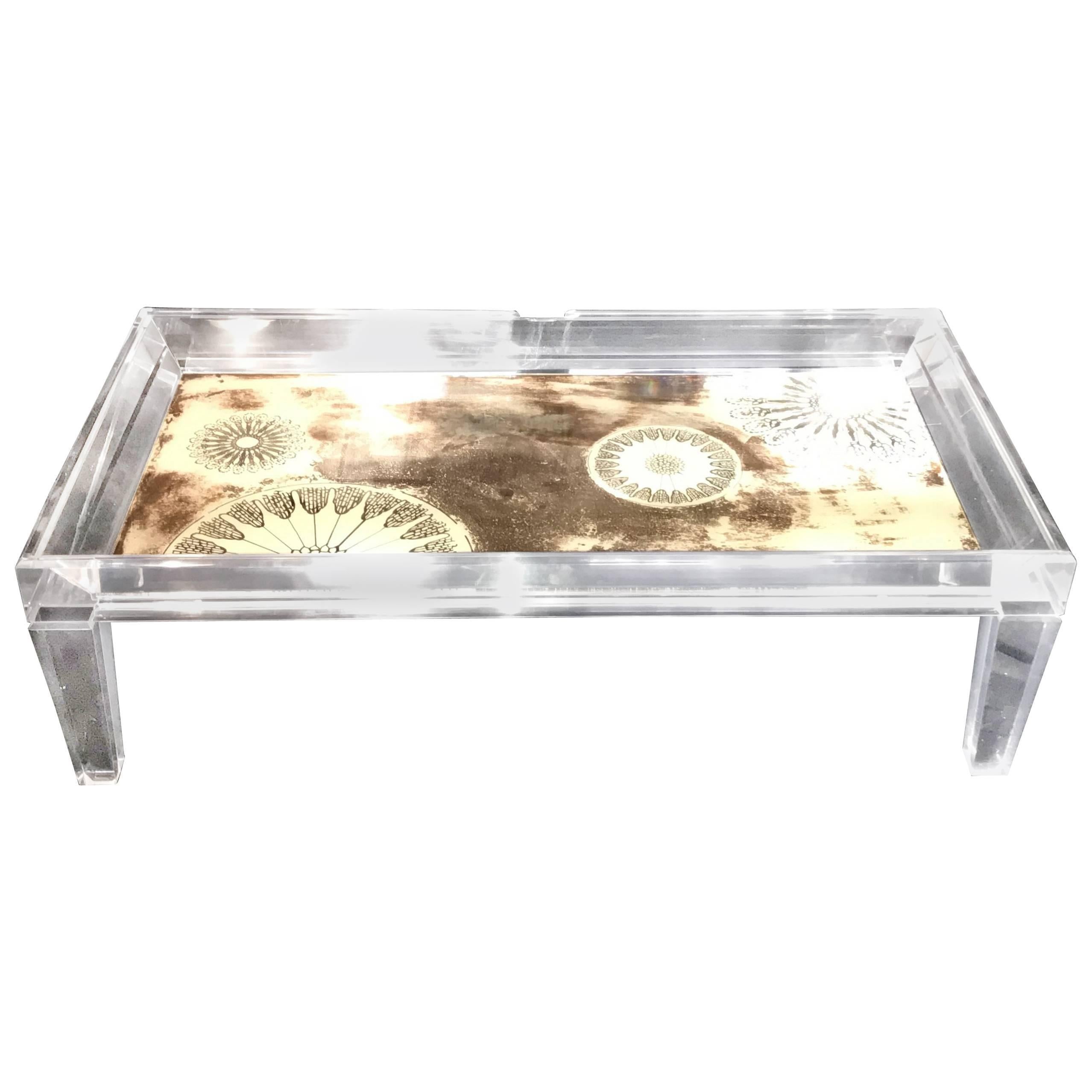 Wonderful Mid Century Modern Reverse Painted Glass Large Lucite Coffee Table