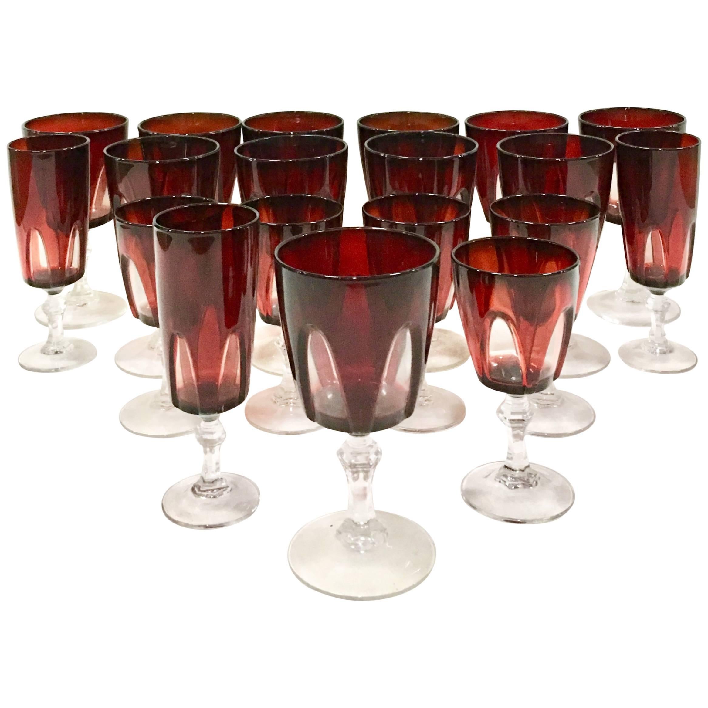 1970s French Cut Crystal Ruby Stem Drink Glasses S/18