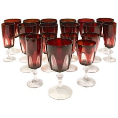 Vintage 1970s French Cut Crystal Ruby Stem Drink Glasses S/18