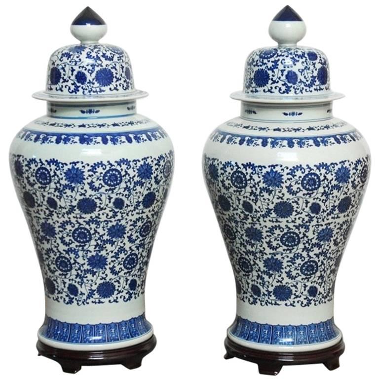 Pair of Chinese Blue and White Porcelain Temple Ginger Jars