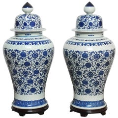 Pair of Chinese Blue and White Porcelain Temple Ginger Jars