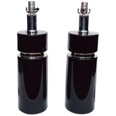Pair of Glazed Black Ceramic & Chrome Table Lamps in the Style of Pierre Cardin