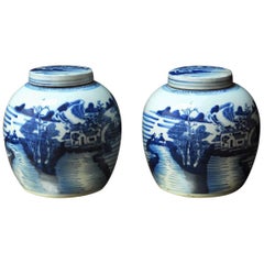 Pair of Chinese Blue and White Porcelain Round Ginger Jars