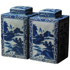 Vintage Pair of Chinese Blue and White Porcelain Tea Canisters
