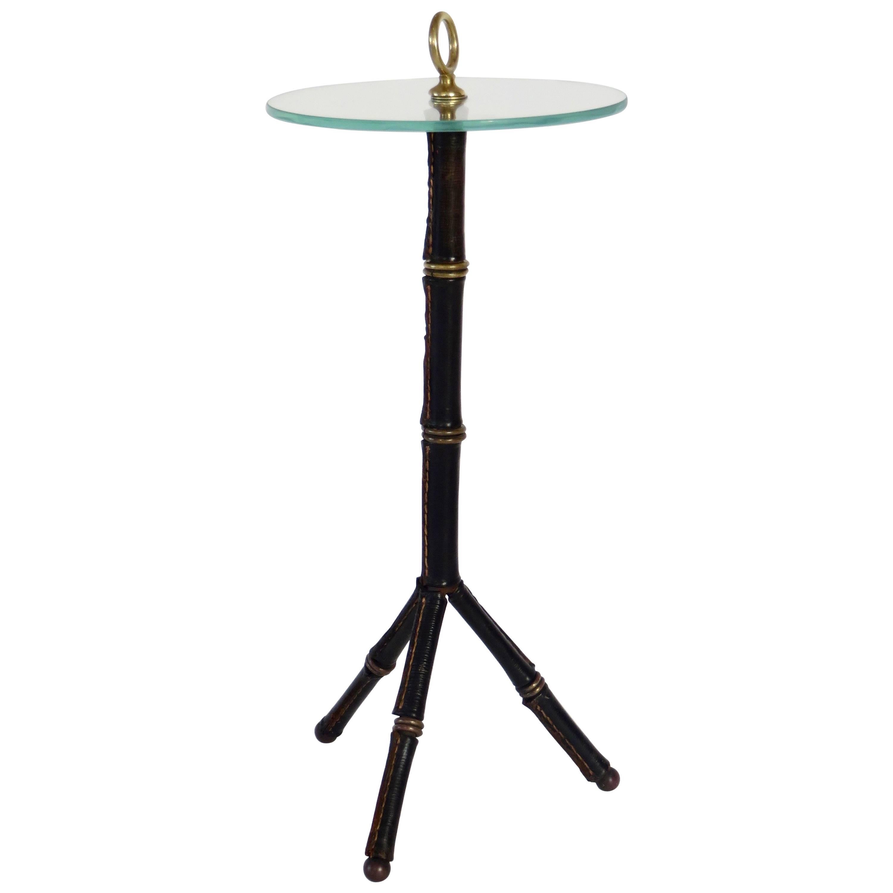 Jacques Adnet Leather Bamboo Motif Tripod Side or Drink Table