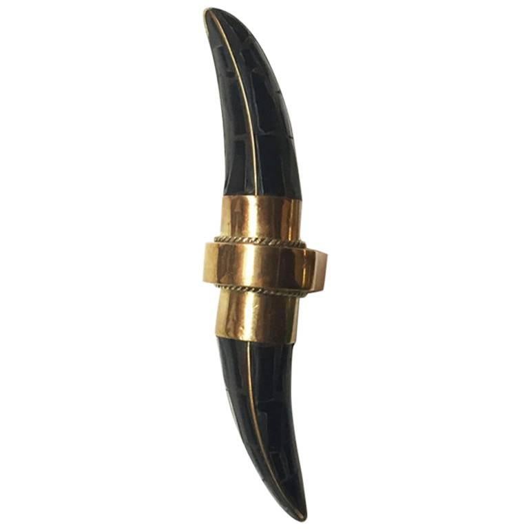 Horn Door/Appliance Toggle, Black Resin and Antique Brass For Sale