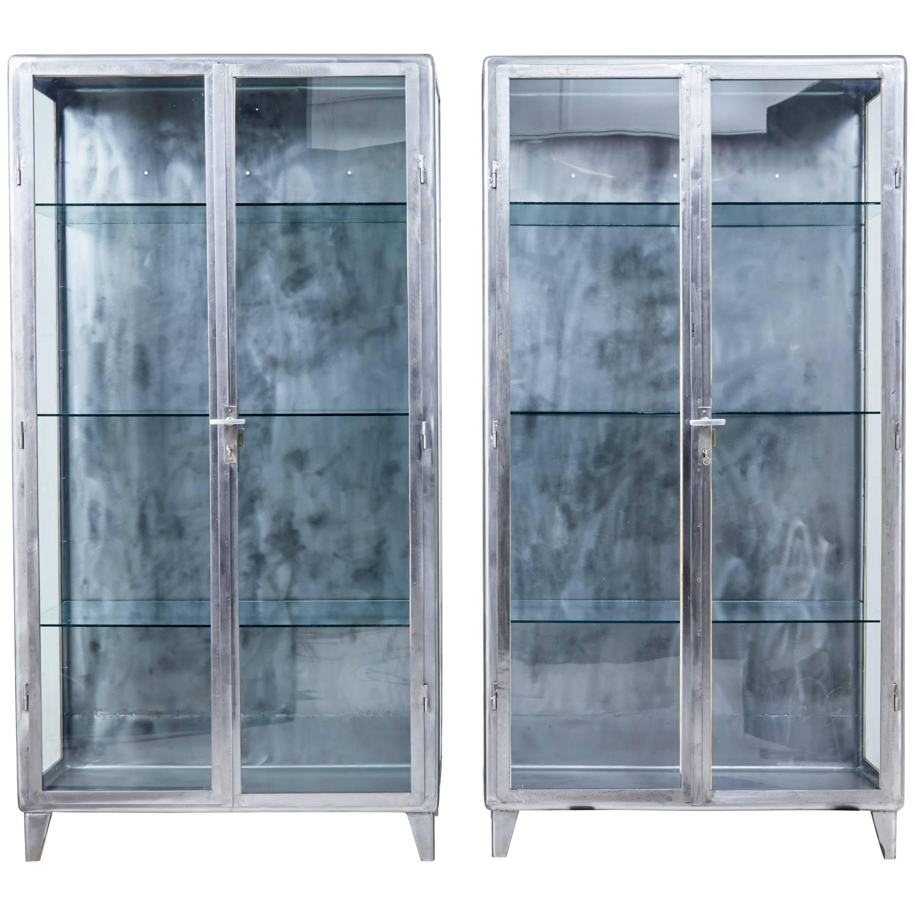 Pair of 1920s Art Deco Polished Steel Medical Display Cabinets