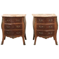 Antique Pair of 19th Century French Marquetry Marble-Top Bombe Commodes Nightstands