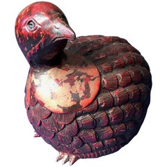 Japan Fine Antique Quail Sculpture Hand-Carved Red Lacquered 100 Years Old