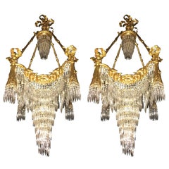 Vintage Pair of Bronze Louis XVI Style Crystal Ribbon and Tassle Drapery Chandeliers