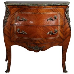 Ancienne commode bombe française Louis XIV en bois de roi et ormolu avec dessus en marbre