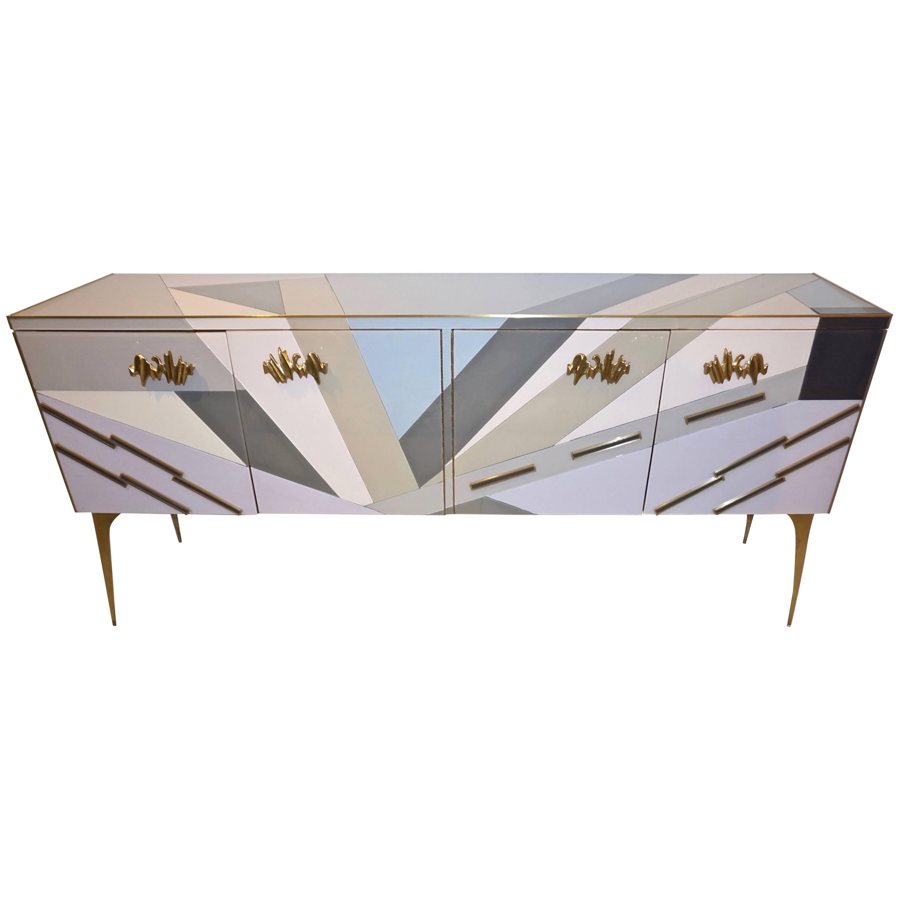 Contemporary Italian Pop Design Purple Blue Gray White Glass Sideboard / Cabinet