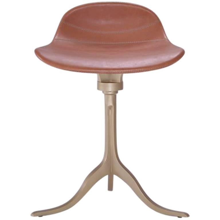 Bespoke Sand Cast Brass Swivel Stool in Châtaigne Leather For Sale